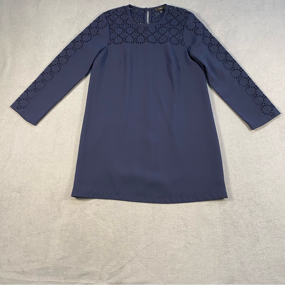 J. Crew Women’s Midnight Blue long sleeve Laser cut Eyelet mini shift Dress, 2